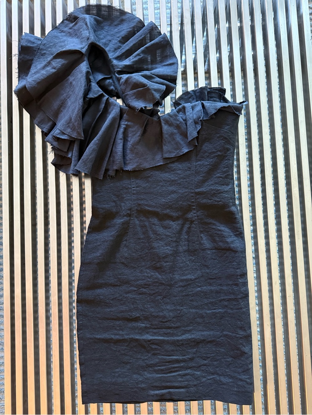 Isabel Marant Black One Shoulder Ruffle Mini Dress Silk Linen 0